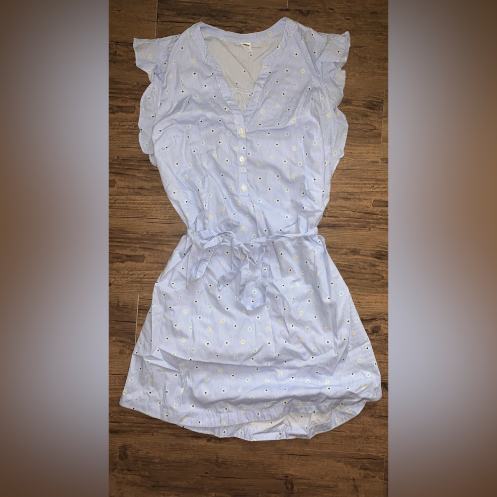 Old Navy Light Blue Pinstripe Floral Print Ruffle Sleeve Belted Dress Womens M